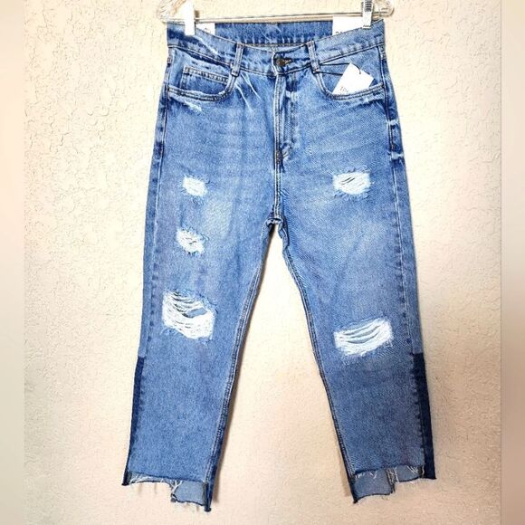Zara TRF IX'D Maker Destroyed Raw Hem High Rise Jeans Size 6 - Picture 1 of 9